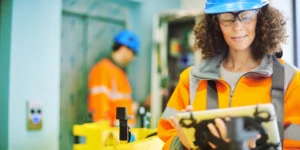 Woman looking at tablet by elevator construction
